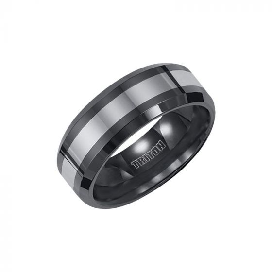 Triton Bevel Edge Black Ceramic Center Wedding Band