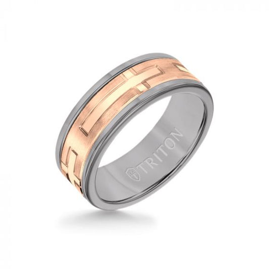 Triton 8MM Grey Tungsten Carbide Ring - Religious 14K Rose Gold Insert with Round Edge