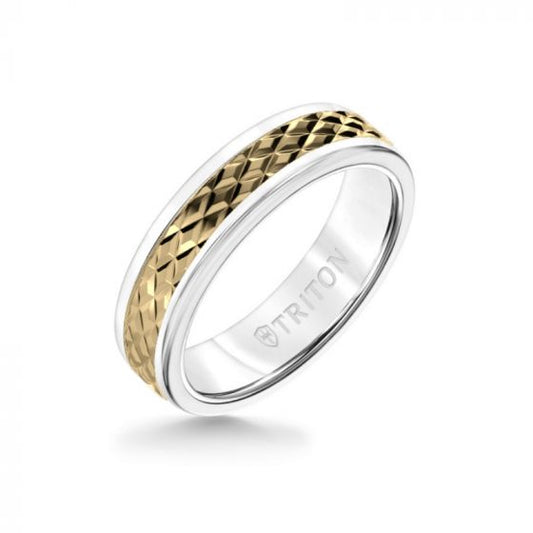 Triton 6MM White Tungsten Carbide Ring - Rhombus 14K Yellow Gold Insert with Round Edge