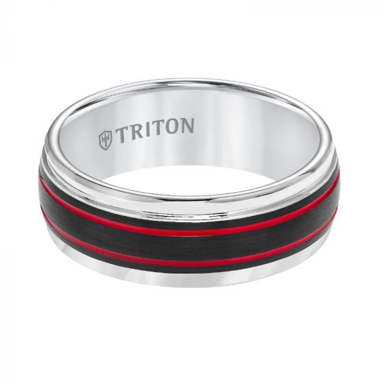 Triton Bevel Edge Ribbed Red Center Stripe Wedding Band