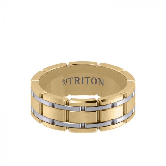 Triton 8MM 14K Gold Ring - Satin Finish Stitch Design and Flat Edge