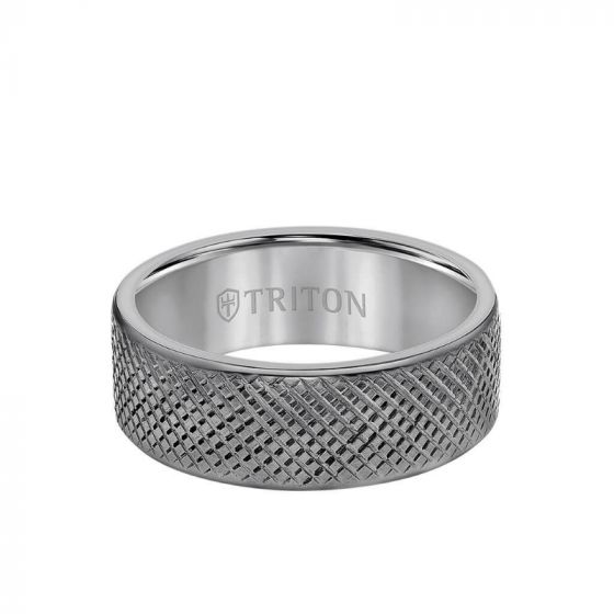 Triton 8MM Tantalum Ring - Cross Hatch Center and Flat Edge