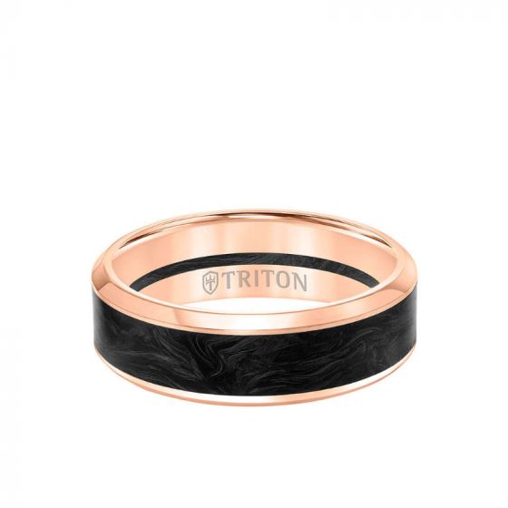 Triton 7MM 14K Gold Ring + Forged Carbon - Channel Center & Bevel Edge