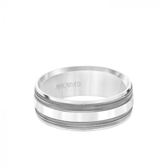 ArtCarved 7.5MM Men's Wedding Band - Brush Matte Finish with Black Rhodium and Bevel Edge in 14k White Gold
