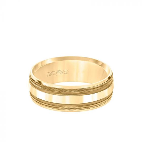 ArtCarved 7.5MM Men's Wedding Band - Brush Matte Finish with Black Rhodium and Bevel Edge in 14k Yellow Gold