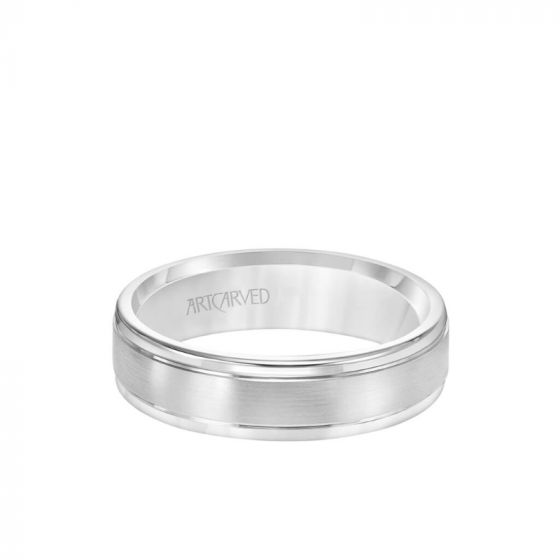 ArtCarved 6MM Men's Classic Wedding Band - Brush Finish and Round Edge in 18k White Gold