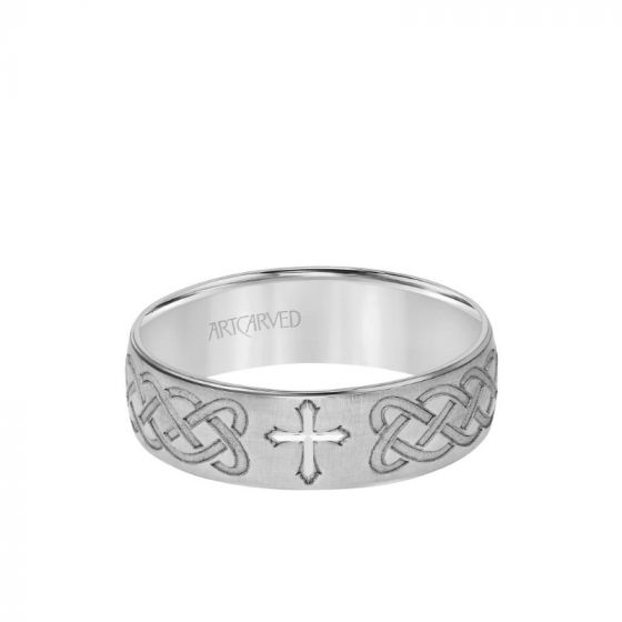 ArtCarved 6.5MM Men's Wedding Band - Brush Finish with Cross and Infinity Design Center in 14k White Gold