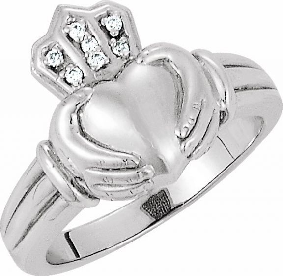 14K White Men's .03 CTW Diamond Claddagh Ring