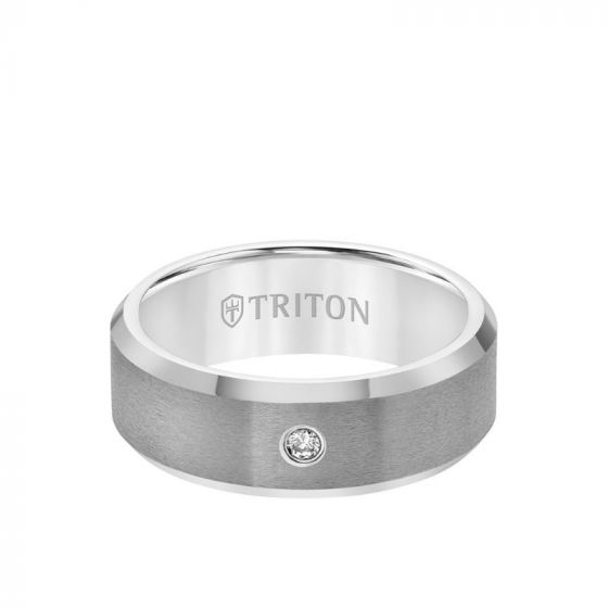 Triton 8MM Tungsten Diamond Ring - Solitaire Satin Finish Center and Bevel Edge