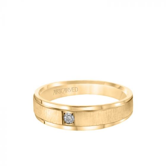 ArtCarved 6MM Men's Classic Single Stone Diamond Wedding Band - Vertical Brush Finish and Rolled Edge in 14k Yellow Gold