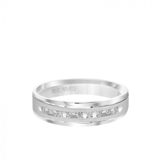 ArtCarved 6MM Men's Classic Nine Stone Diamond Wedding Band - Vertical Brush Finish and Rolled Edge in 14k White Gold