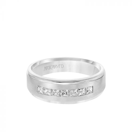 ArtCarved 7MM Men's Contemporary Seven Stone Diamond Wedding Band - Brush Finish and Step Edge in 14k White Gold