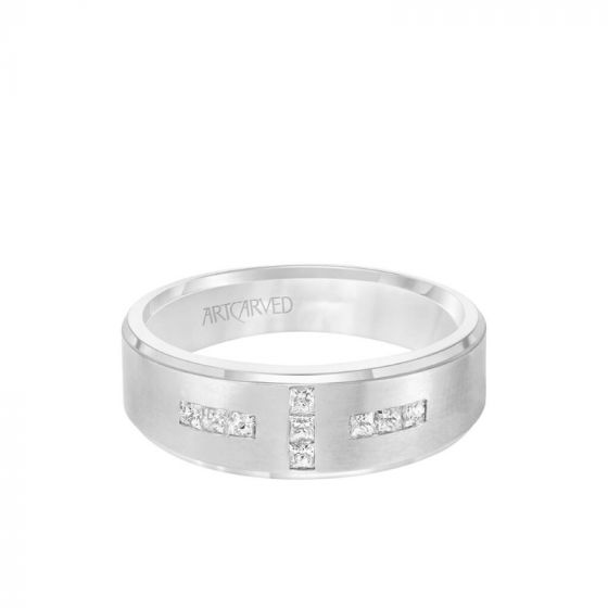 ArtCarved 7MM Men's Contemporary Diamond Wedding Band - Brush Finish and Step Edge in 18k White Gold