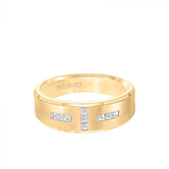 ArtCarved 7MM Men's Contemporary Diamond Wedding Band - Brush Finish and Step Edge in 14k Yellow Gold