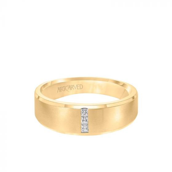 ArtCarved 7MM Men's Contemporary Three Stone Diamond Wedding Band - Brush Finish and Step Edge in 14k Yellow Gold