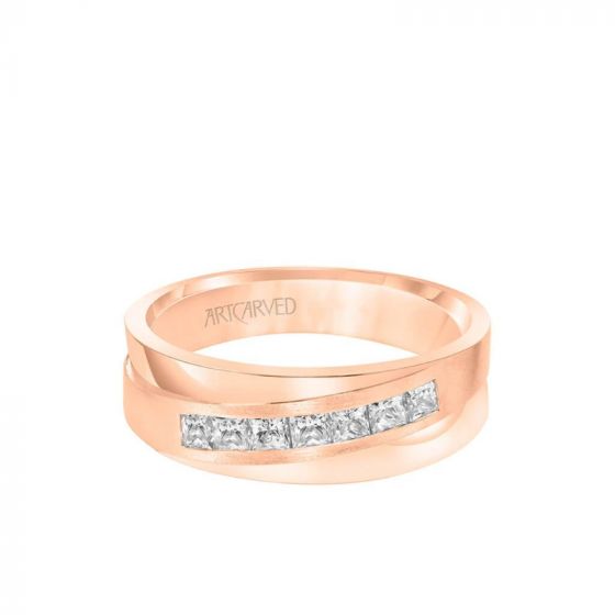 ArtCarved 7MM Men's Contemporary Seven Stone Diamond Wedding Band - Brush Finish and Flat Edge in 14k Rose Gold