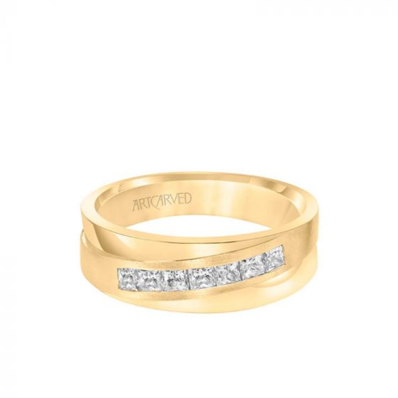 ArtCarved 7MM Men's Contemporary Seven Stone Diamond Wedding Band - Brush Finish and Flat Edge in 14k Yellow Gold