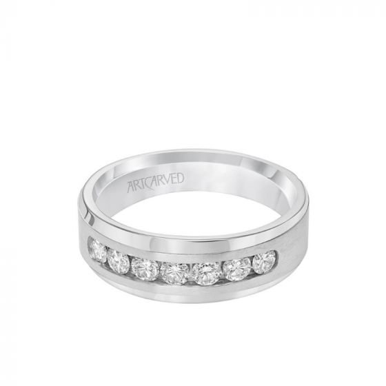 ArtCarved 7.5MM Men's Wedding Band - Channel Set Diamonds with Tapered Band and Bevel Edge in 14k White Gold