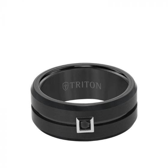 Triton 9MM Ring - Black Diamond Solitaire Brushed Center and Bevel Edge