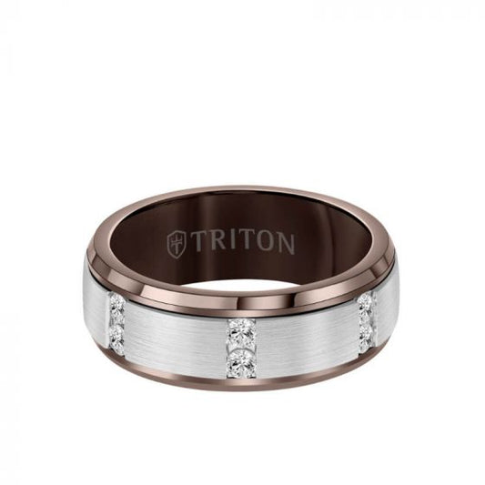 Triton 8MM Tungsten Diamond Ring - Vertical Channel Set Silver Satin Finish and Bevel Edge
