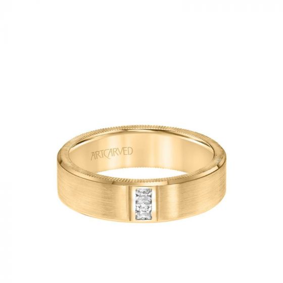 ArtCarved 6MM Men's Contemporary Two Stone Diamond Wedding Band - Satin Finish and Bevel, Coin Edge in 18k Yellow Gold
