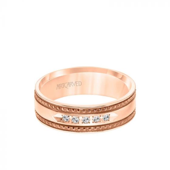 ArtCarved 7MM Shades of Grey Collection Five Stone Diamond Wedding Band - Textured Black Rhodium Detail and Flat Edge in 14k Rose Gold