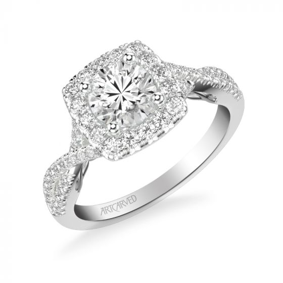 Artcarved Bridal Semi-Mounted with Side Stones Contemporary Lyric Halo Engagement Ring Shelby 18K White Gold