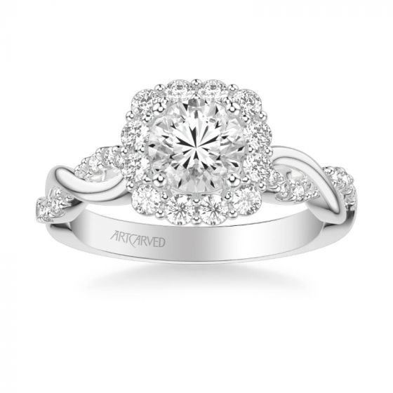 ArtCarved Bella Contemporary Cushion Halo Round Center Twist Diamond Engagement Ring in 14k White Gold
