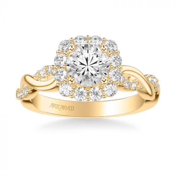 ArtCarved Bella Contemporary Cushion Halo Round Center Twist Diamond Engagement Ring in 14k Yellow Gold