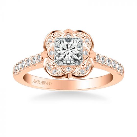ArtCarved Skyler Contemporary Floral Halo Diamond Engagement Ring in 14k Rose Gold