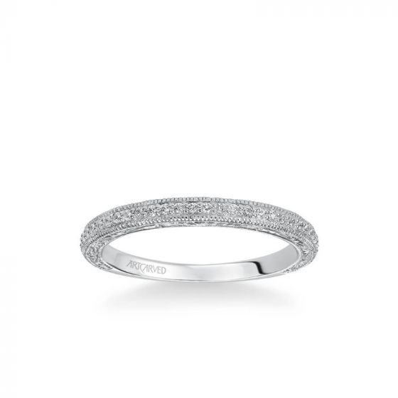 ArtCarved Gretchen Vintage Diamond and Milgrain Engraved Wedding Band in 18k White Gold