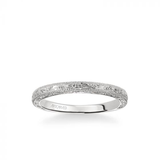 ArtCarved Bernadette Vintage Engraved and Milgrain Wedding Band in 18k White Gold