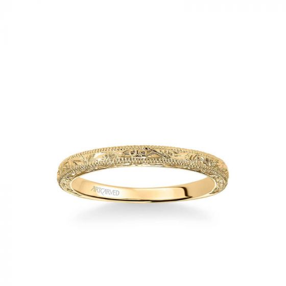 ArtCarved Bernadette Vintage Engraved and Milgrain Wedding Band in 18k Yellow Gold