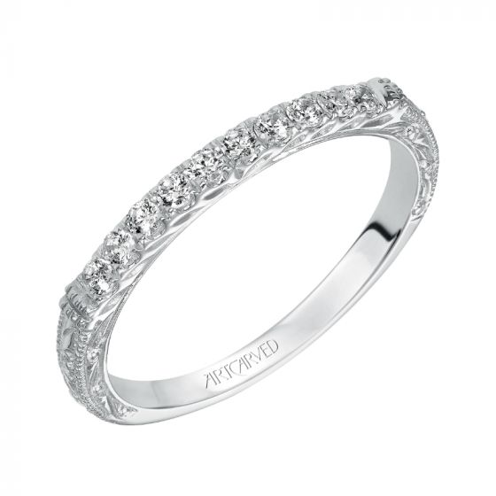 Artcarved Bridal Mounted with Side Stones Vintage Diamond Wedding Band Charmaine 14K White Gold