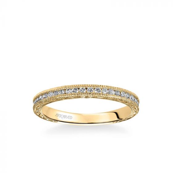 ArtCarved Zoya Vintage Diamond and Milgrain Engraved Wedding Band in 18k Yellow Gold