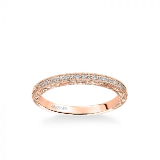 ArtCarved Julie Vintage Diamond and Milgrain Engraved Wedding Band in 14k Rose Gold