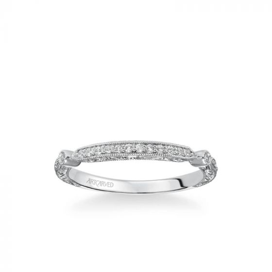 ArtCarved Crystal Vintage Diamond and Milgrain Engraved Wedding Band in 18k White Gold