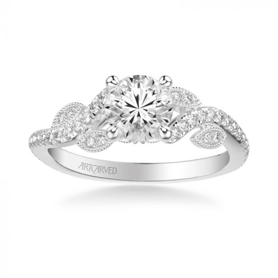 ArtCarved Milena Contemporary Side Stone Floral Diamond Engagement Ring in 18k White Gold