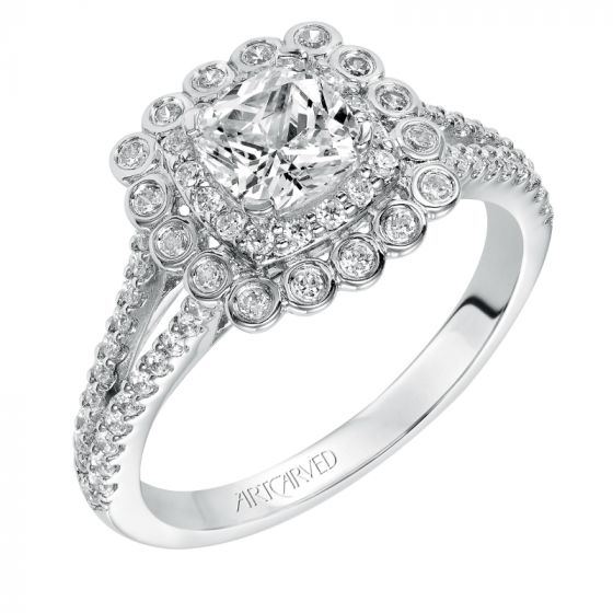 Artcarved Bridal Semi-Mounted with Side Stones Contemporary Bezel Halo Engagement Ring Ciana 14K White Gold