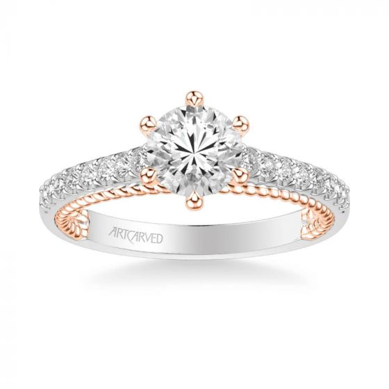 ArtCarved Ilena Contemporary Side Stone Rope Diamond Engagement Ring in 18k White and Rose Gold