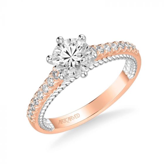 ArtCarved Ilena Contemporary Side Stone Rope Diamond Engagement Ring in 18k Rose and White Gold