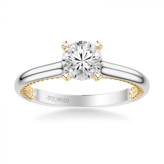 ArtCarved Cameron Contemporary Solitaire Rope Diamond Engagement Ring in 14k White and Yellow Gold
