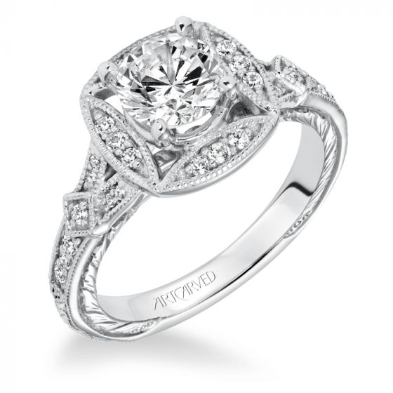 Artcarved Bridal Semi-Mounted with Side Stones Vintage Engraved Halo Engagement Ring Lorraine 14K White Gold