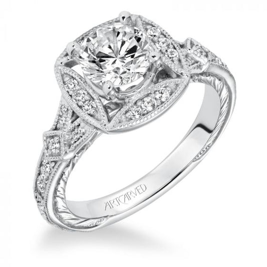 Artcarved Bridal Mounted with CZ Center Vintage Engraved Halo Engagement Ring Lorraine 14K White Gold