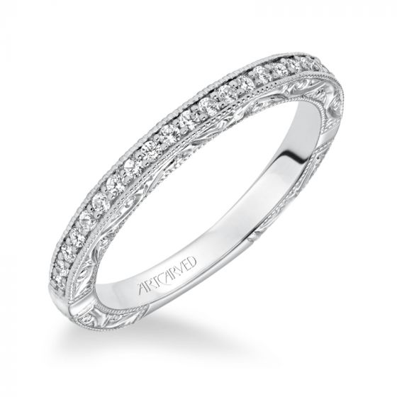 Artcarved Bridal Mounted with Side Stones Vintage Halo Diamond Wedding Band Winslet 14K White Gold