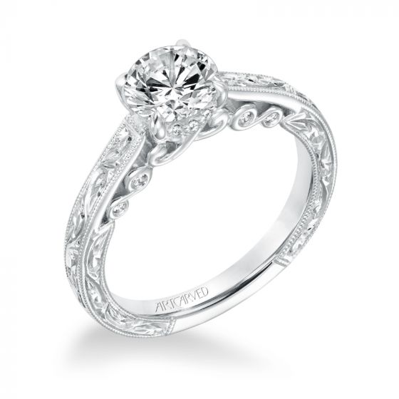 Artcarved Bridal Mounted with CZ Center Vintage Filigree Diamond Engagement Ring Amal 14K White Gold