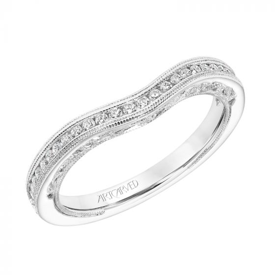 Artcarved Bridal Mounted with Side Stones Vintage Filigree Halo Diamond Wedding Band Liviana 18K White Gold