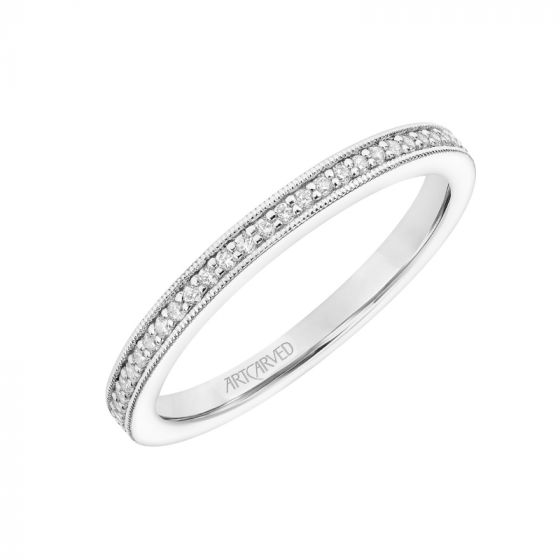 Artcarved Bridal Mounted with Side Stones Vintage Milgrain Halo Diamond Wedding Band Yvonne 14K White Gold