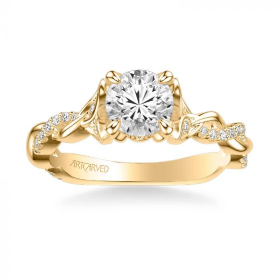 ArtCarved Amaryllis Contemporary Side Stone Floral Diamond Engagement Ring in 18k Yellow Gold