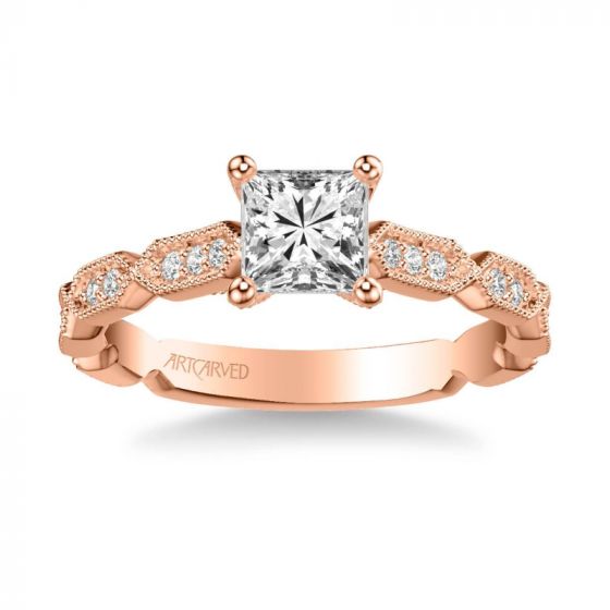 ArtCarved Cressida Vintage Side Stone Diamond Engagement Ring in 18k Rose Gold